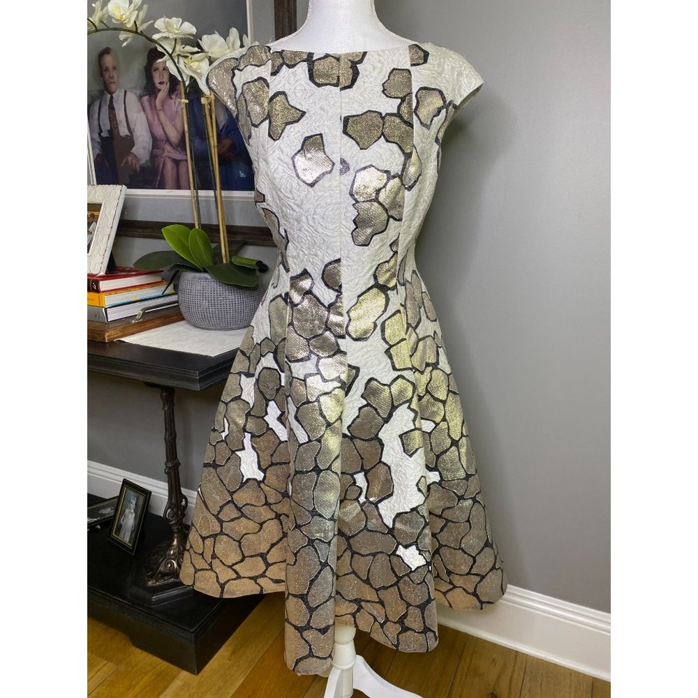 Talbot Runhof Korbut 20 Jacquard Cap Sleeve A-Line Cocktail Dress Size 10 - Picture 7 of 12